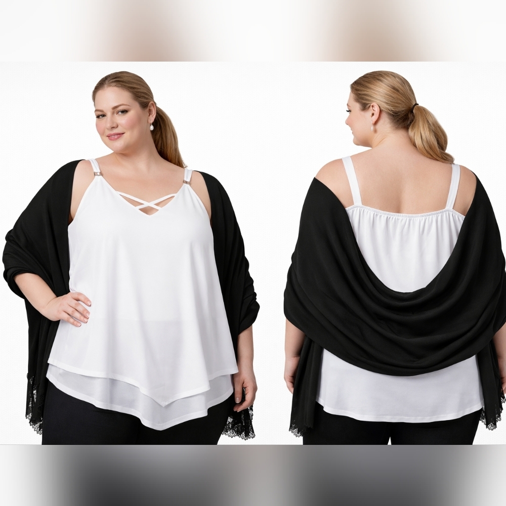 Nwt Ashley Stewart Double Layer Tank Top Tee Mesh Rayon White Plus sz 26 28 4X